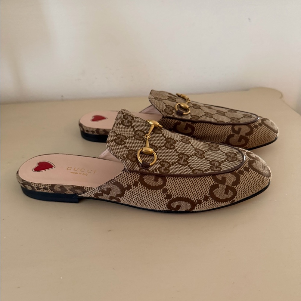 Gucci Brown & Beige GG Canvas Horsebit Slip-On Loafers - Picture 6 of 8